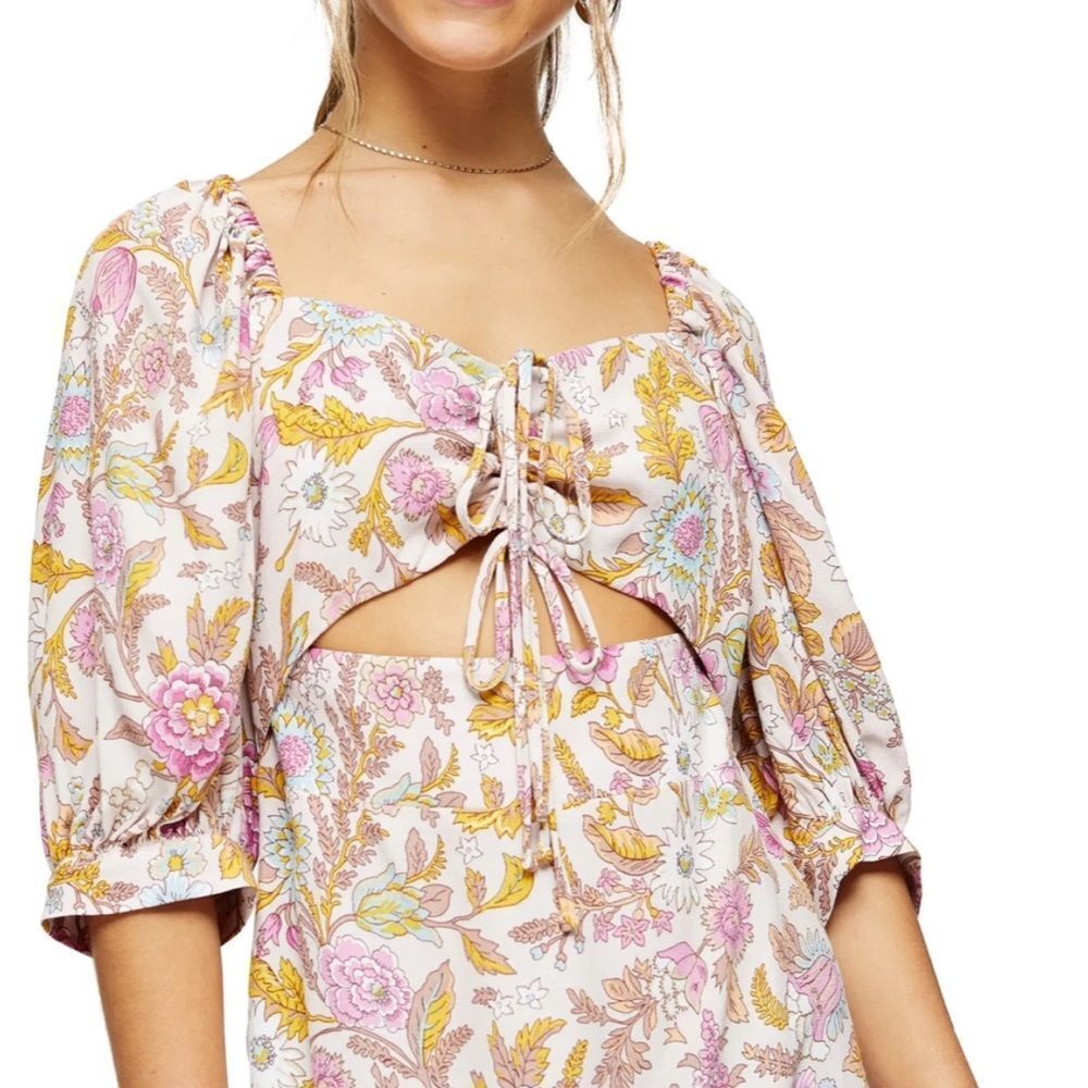 Topshop Cream Floral Cutout Puff Sleeve Midi Dress Size 6‎ Petite